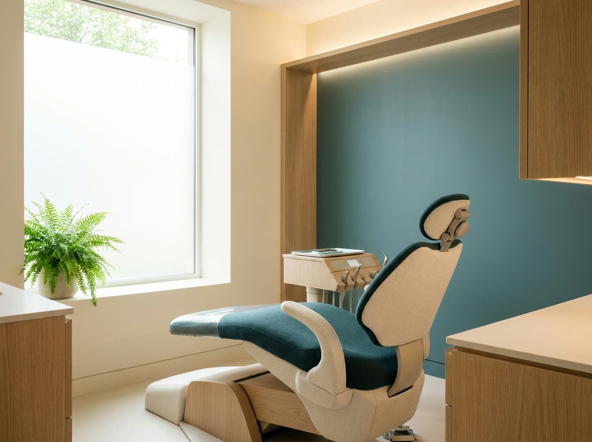 Helles Behandlungszimmer mit leerem Behandlungsstuhl und Pflanze am Fenster