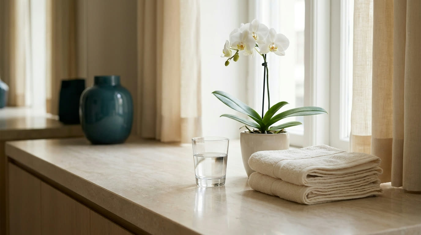 Orchidee, Wasserglas und Handtücher auf einer Ablage